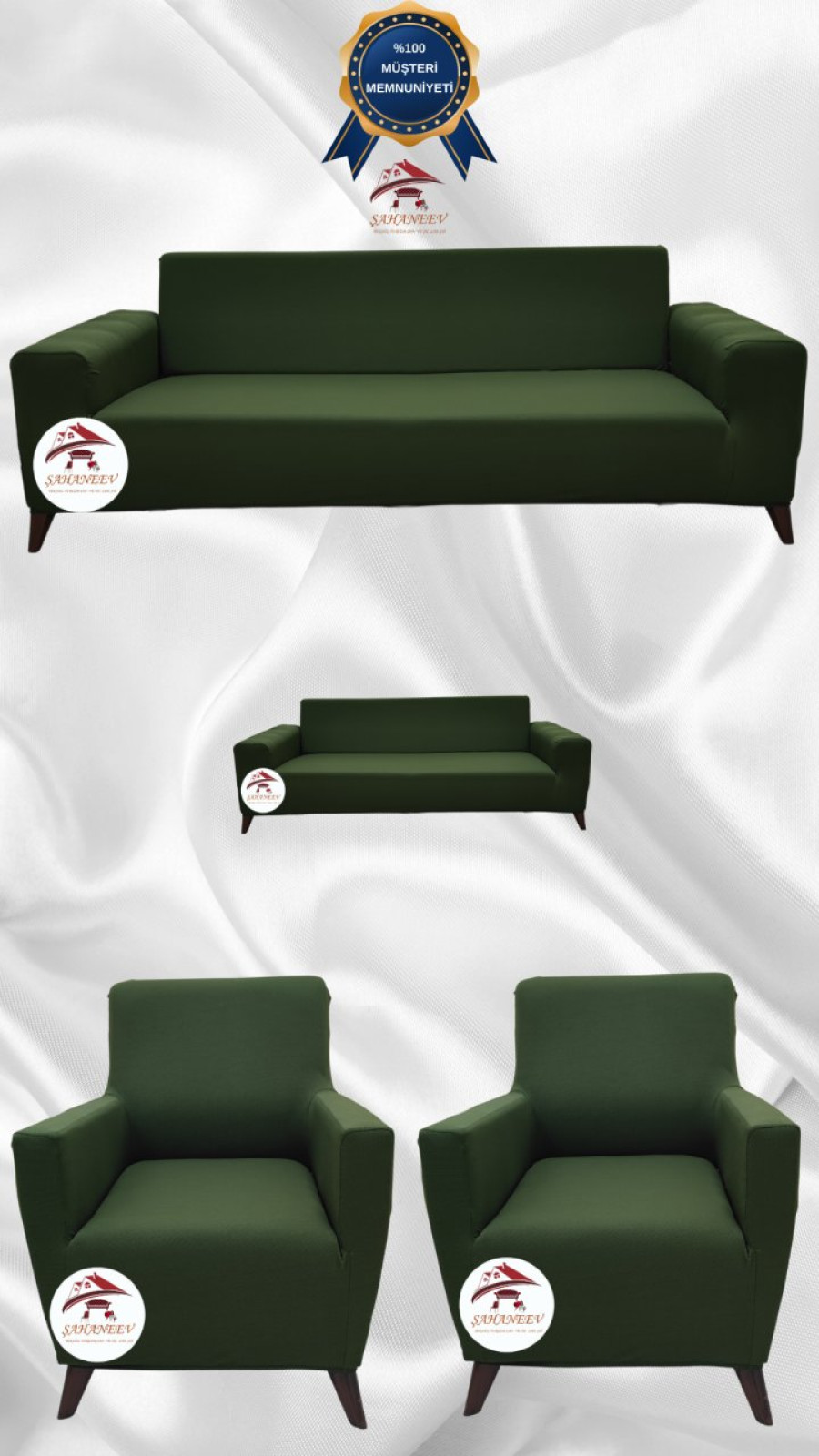 Mikro Kumaş Lastikli Giydirme Koltuk Örtüsü - Kaymaz Elastik Koltuk Koruyucu Haki Yeşili Renk 3+2+1+1 (4 Parça Set)