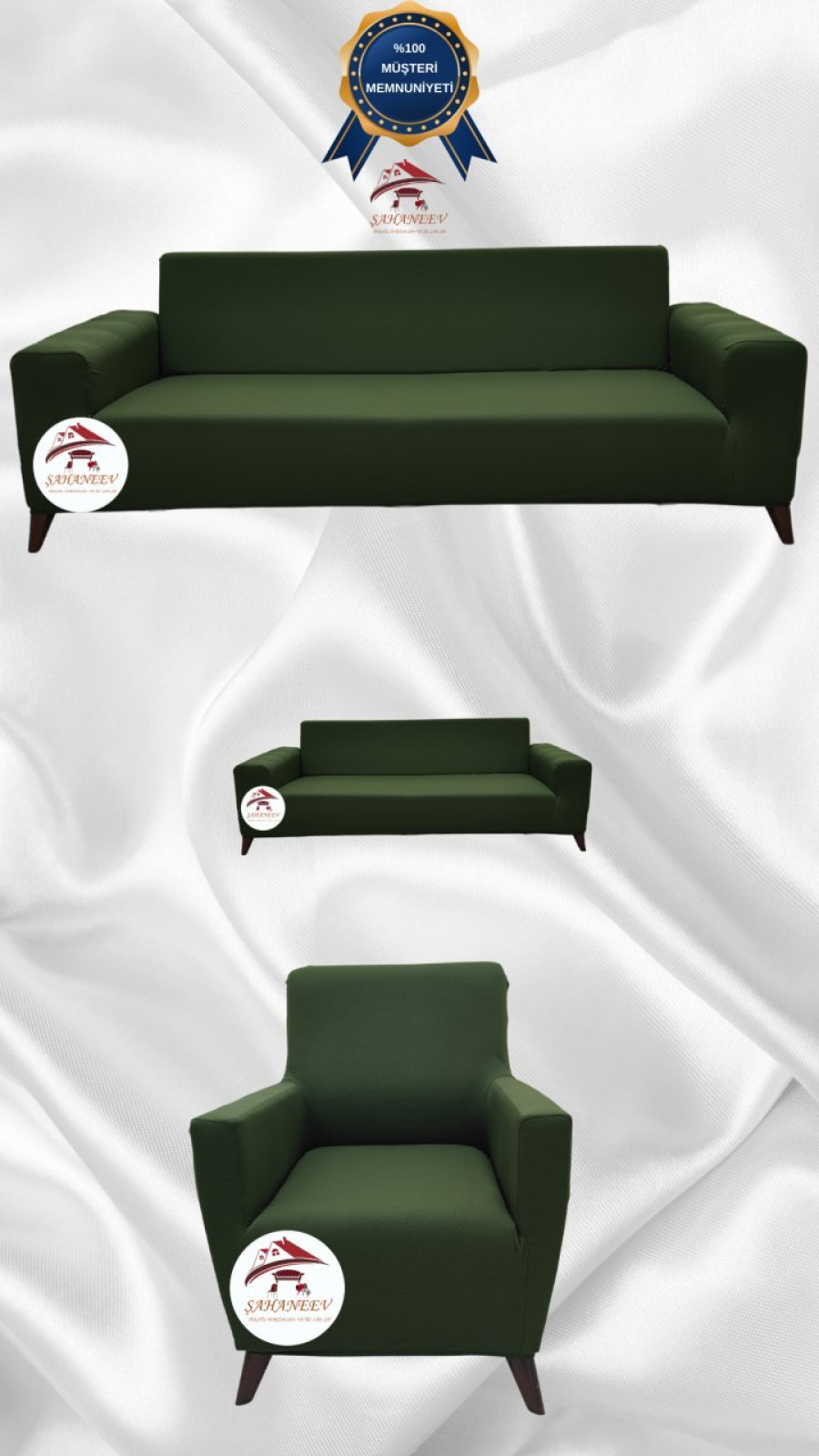 Mikro Kumaş Lastikli Giydirme Koltuk Örtüsü - Kaymaz Elastik Koltuk Koruyucu Haki Yeşili Renk 3+2+1 (3 Parça Set) Özel Ölçü