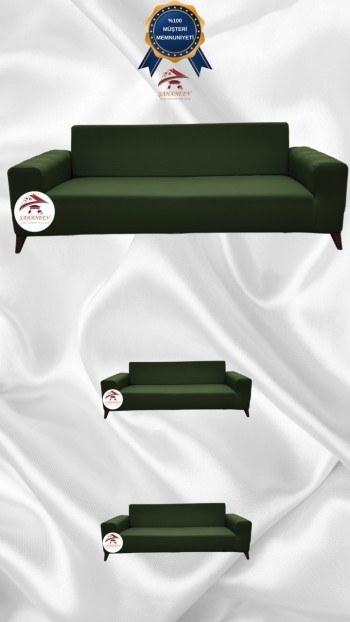Mikro Kumaş Lastikli Giydirme Koltuk Örtüsü - Kaymaz Elastik Koltuk Koruyucu Haki Yeşili Renk 3+2+2 (3 Parça Set)