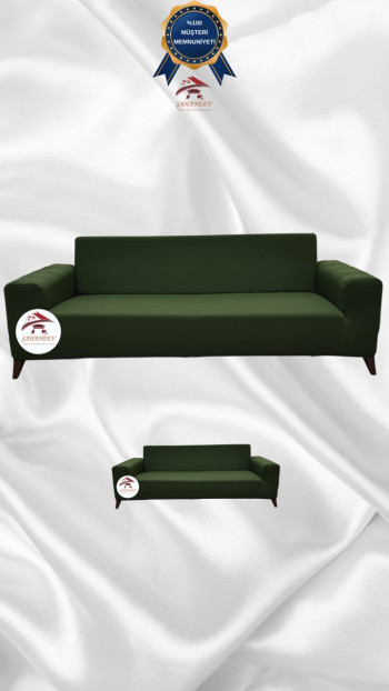 Mikro Kumaş Lastikli Giydirme Koltuk Örtüsü - Kaymaz Elastik Koltuk Koruyucu Haki Yeşili Renk 3+2 (2 Parça Set)