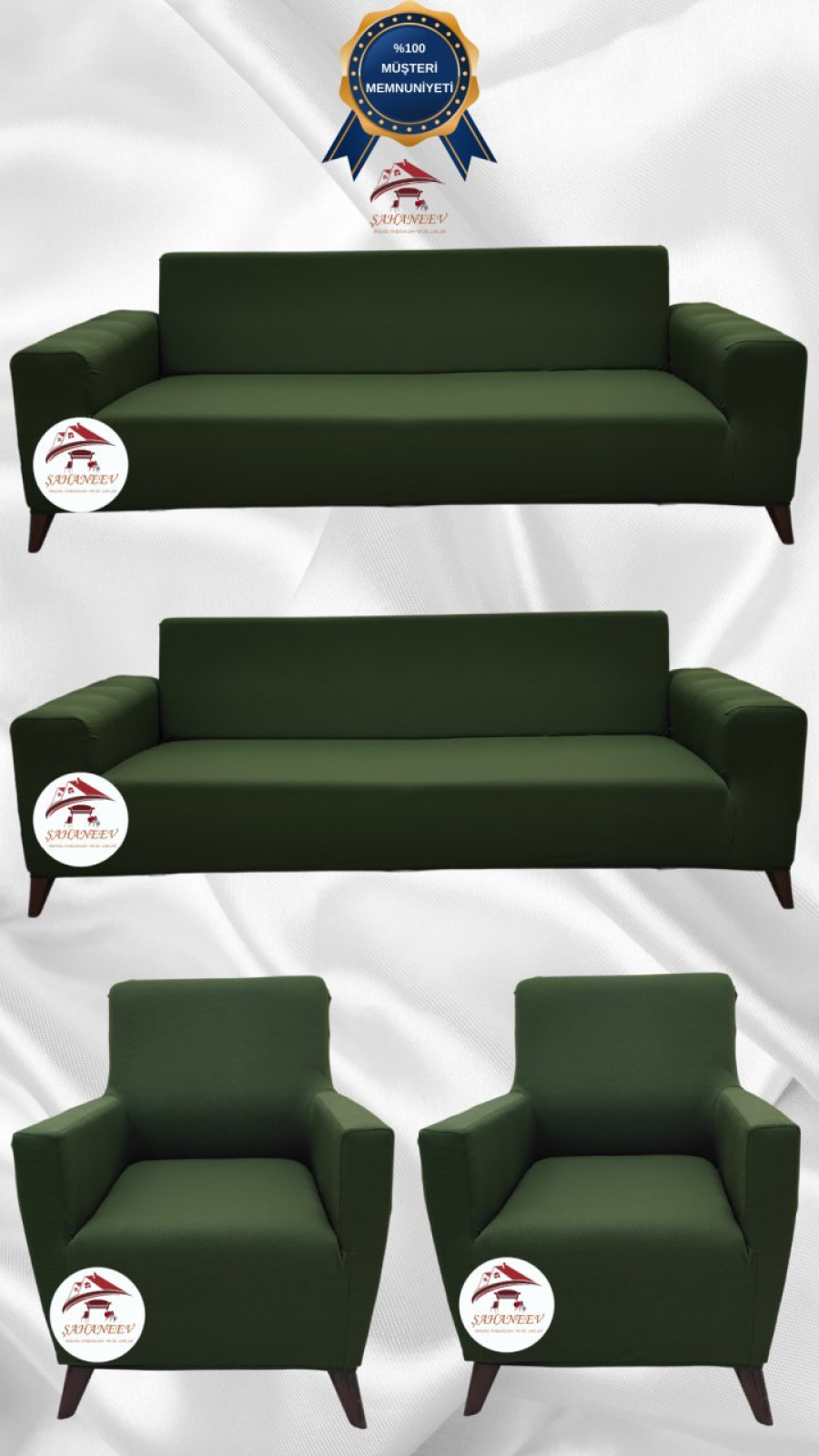 Mikro Kumaş Lastikli Giydirme Koltuk Örtüsü - Kaymaz Elastik Koltuk Koruyucu Haki Yeşili Renk 3+3+1+1 (4 Parça Set) Özel Ölçü