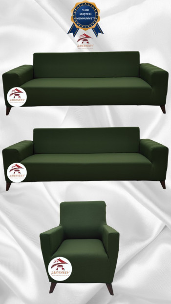 Mikro Kumaş Lastikli Giydirme Koltuk Örtüsü - Kaymaz Elastik Koltuk Koruyucu Haki Yeşili Renk 3+3+1 (3 Parça Set)