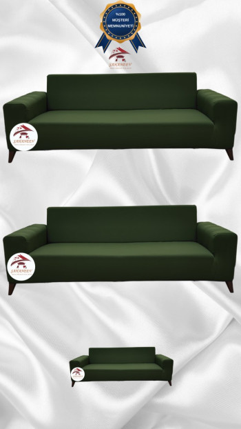 Mikro Kumaş Lastikli Giydirme Koltuk Örtüsü - Kaymaz Elastik Koltuk Koruyucu Haki Yeşili Renk 3+3+2 (3 Parça Set)