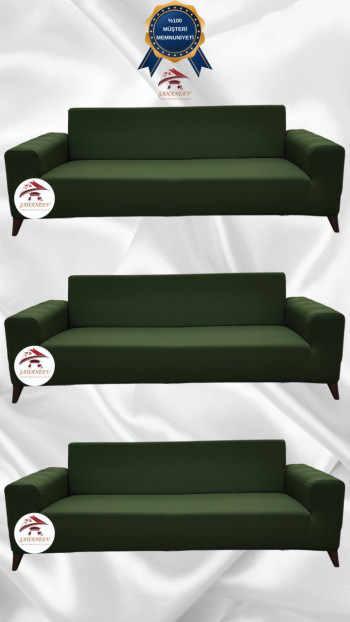Mikro Kumaş Lastikli Giydirme Koltuk Örtüsü - Kaymaz Elastik Koltuk Koruyucu Haki Yeşili Renk 3+3+3 (3 Parça Set)