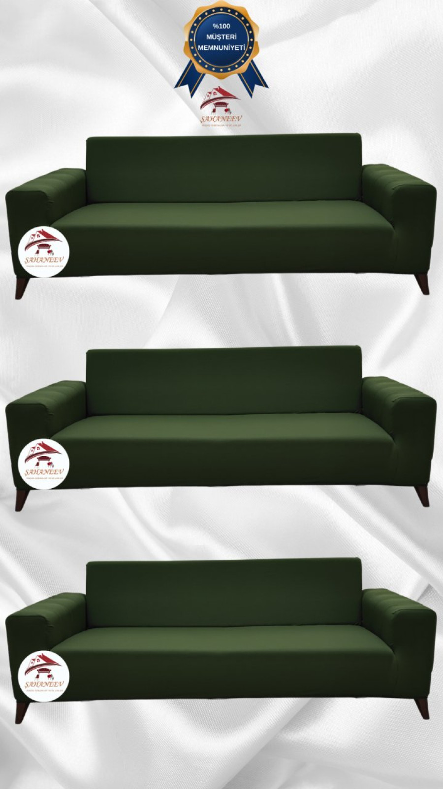 Mikro Kumaş Lastikli Giydirme Koltuk Örtüsü - Kaymaz Elastik Koltuk Koruyucu Haki Yeşili Renk 3+3+3 (3 Parça Set) Özel Ölçü
