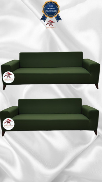 Mikro Kumaş Lastikli Giydirme Koltuk Örtüsü - Kaymaz Elastik Koltuk Koruyucu Haki Yeşili Renk 3+3 (2 Parça Set)