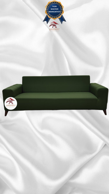 Mikro Kumaş Lastikli Giydirme Koltuk Örtüsü - Kaymaz Elastik Koltuk Koruyucu Haki Yeşili Renk 3'lü Set (1 Parça)