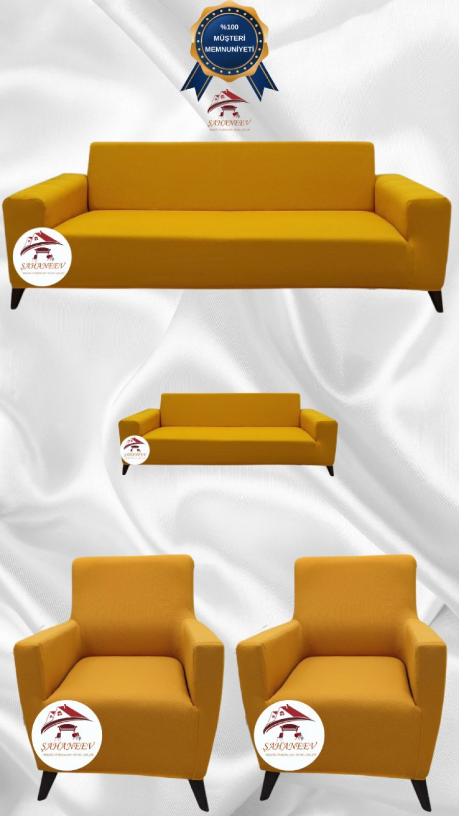 Mikro Kumaş Lastikli Giydirme Koltuk Örtüsü - Kaymaz Elastik Koltuk Koruyucu Hardal Renk 3+2+1+1 (4 Parça Set)