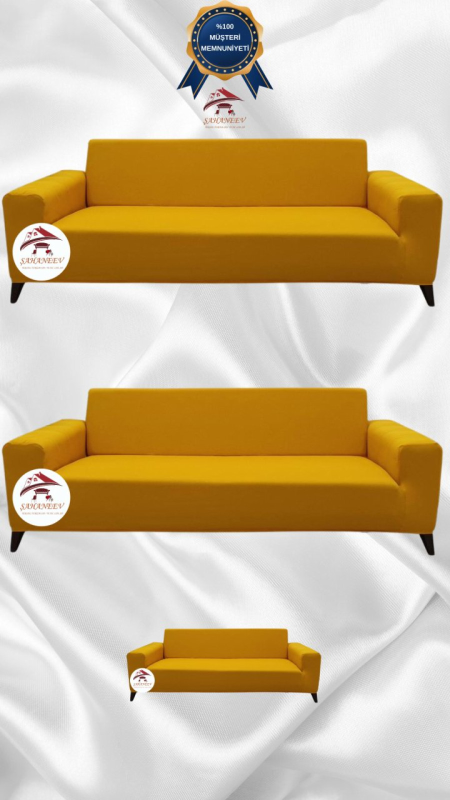 Mikro Kumaş Lastikli Giydirme Koltuk Örtüsü - Kaymaz Elastik Koltuk Koruyucu Hardal Renk 3+3+2 (3 Parça Set)