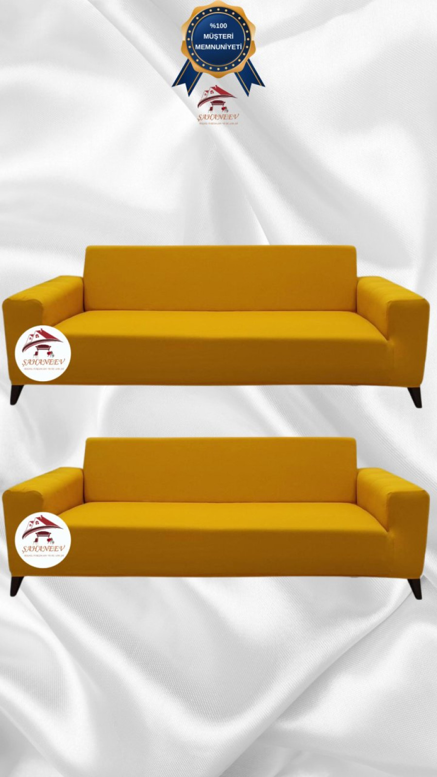 Mikro Kumaş Lastikli Giydirme Koltuk Örtüsü - Kaymaz Elastik Koltuk Koruyucu Hardal Renk 3+3 (2 Parça Set)