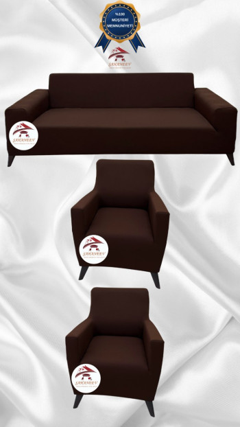 Mikro Kumaş Lastikli Giydirme Koltuk Örtüsü - Kaymaz Elastik Koltuk Koruyucu Kahverengi Renk 3+1+1 (3 Parça Set)