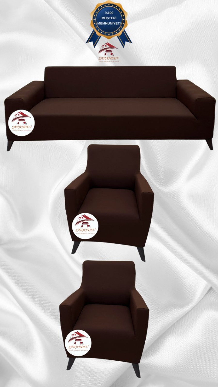 Mikro Kumaş Lastikli Giydirme Koltuk Örtüsü - Kaymaz Elastik Koltuk Koruyucu Kahverengi Renk 3+1+1 (3 Parça Set) Özel Ölçü