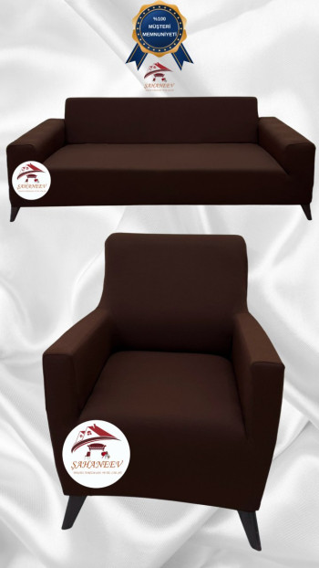 Mikro Kumaş Lastikli Giydirme Koltuk Örtüsü - Kaymaz Elastik Koltuk Koruyucu Kahverengi Renk 3+1 (2 Parça Set)