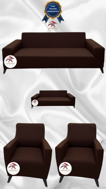 Mikro Kumaş Lastikli Giydirme Koltuk Örtüsü - Kaymaz Elastik Koltuk Koruyucu Kahverengi Renk 3+2+1+1 (4 Parça Set)