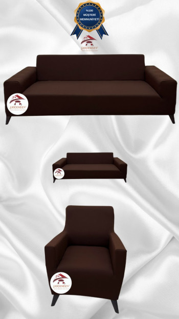 Mikro Kumaş Lastikli Giydirme Koltuk Örtüsü - Kaymaz Elastik Koltuk Koruyucu Kahverengi Renk 3+2+1 (3 Parça Set)