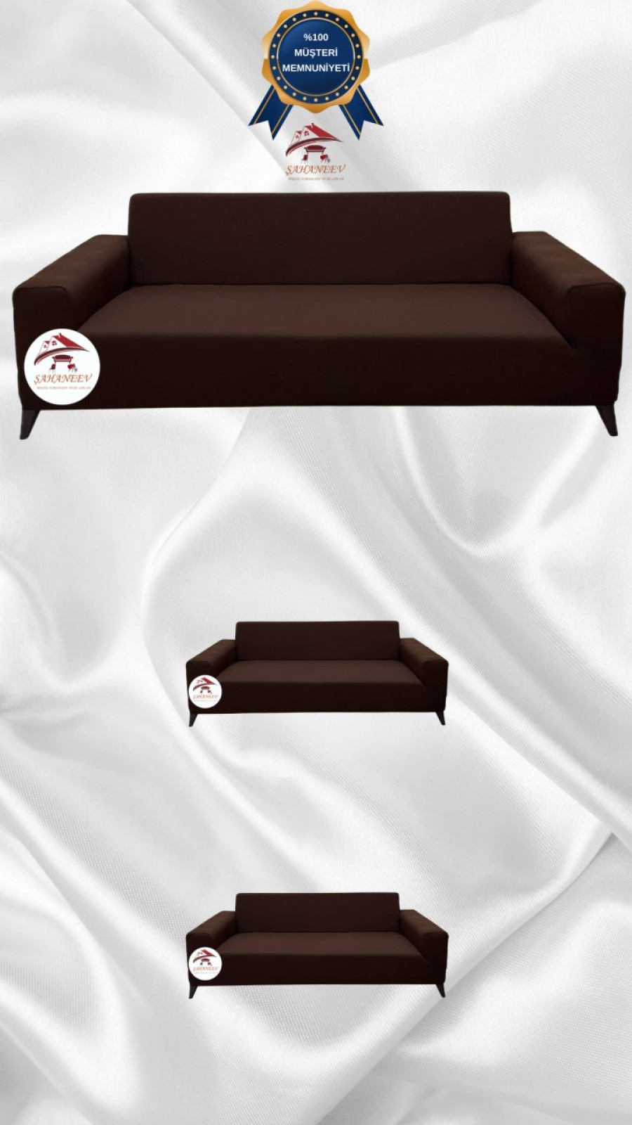 Mikro Kumaş Lastikli Giydirme Koltuk Örtüsü - Kaymaz Elastik Koltuk Koruyucu Kahverengi Renk 3+2+2 (3 Parça Set) Özel Ölçü