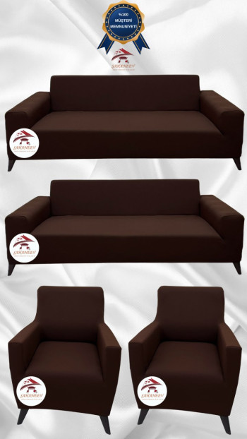 Mikro Kumaş Lastikli Giydirme Koltuk Örtüsü - Kaymaz Elastik Koltuk Koruyucu Kahverengi Renk 3+3+1+1 (4 Parça Set)