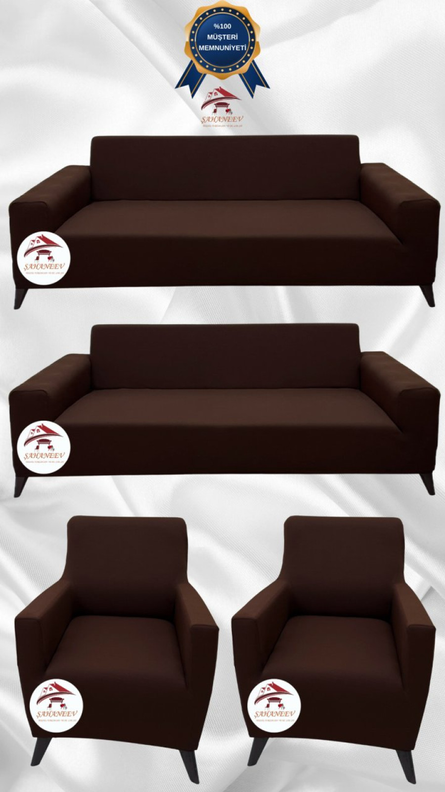 Mikro Kumaş Lastikli Giydirme Koltuk Örtüsü - Kaymaz Elastik Koltuk Koruyucu Kahverengi Renk 3+3+1+1 (4 Parça Set) Özel Ölçü