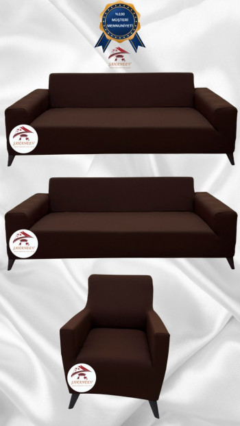 Mikro Kumaş Lastikli Giydirme Koltuk Örtüsü - Kaymaz Elastik Koltuk Koruyucu Kahverengi Renk 3+3+1 (3 Parça Set)