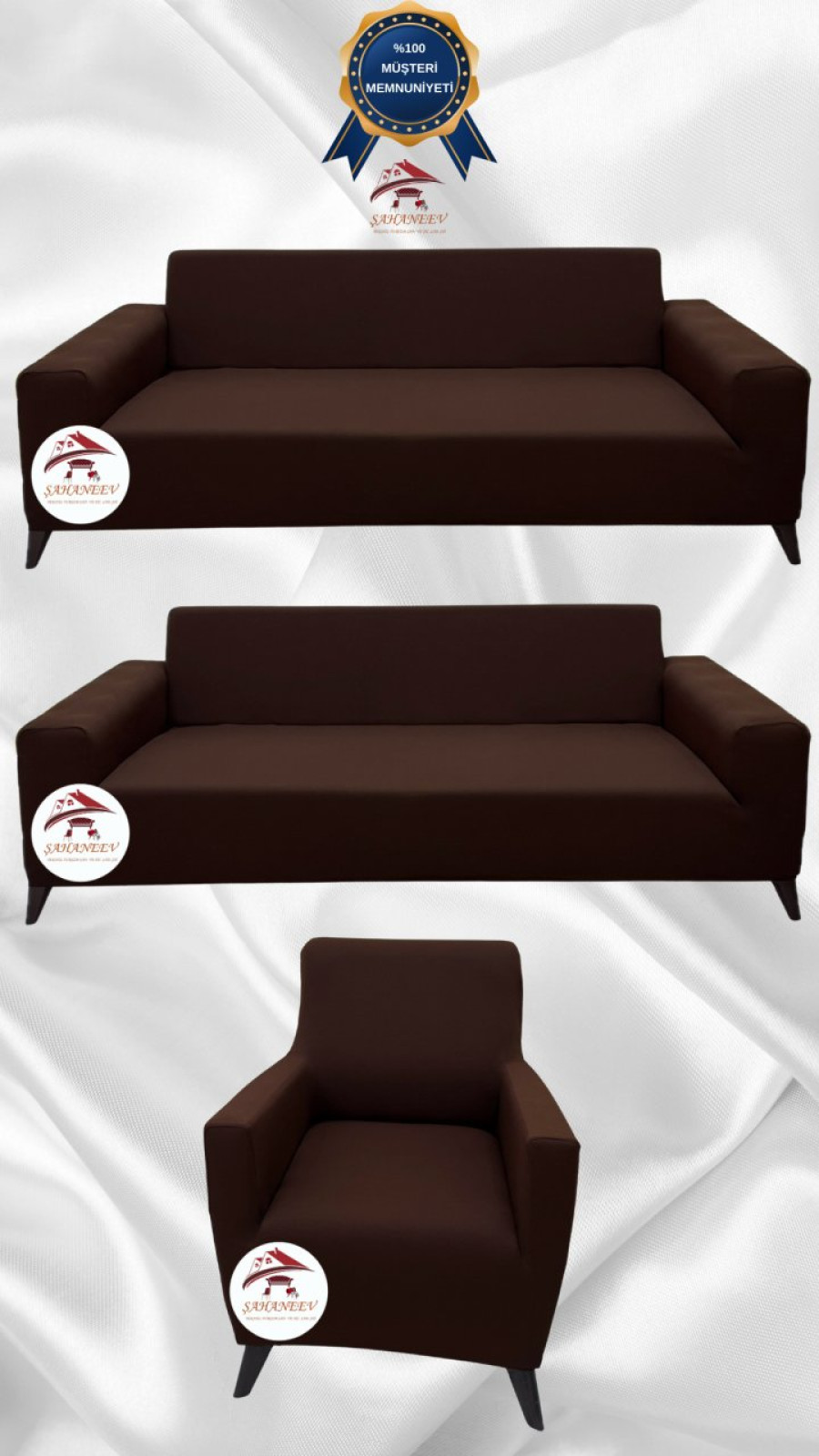 Mikro Kumaş Lastikli Giydirme Koltuk Örtüsü - Kaymaz Elastik Koltuk Koruyucu Kahverengi Renk 3+3+1 (3 Parça Set) Özel Ölçü