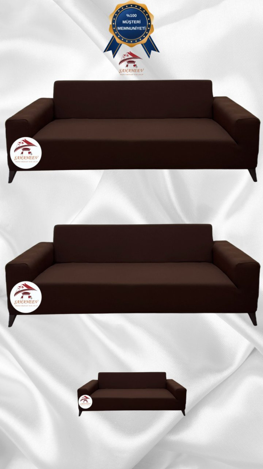 Mikro Kumaş Lastikli Giydirme Koltuk Örtüsü - Kaymaz Elastik Koltuk Koruyucu Kahverengi Renk 3+3+2 (3 Parça Set) Özel Ölçü