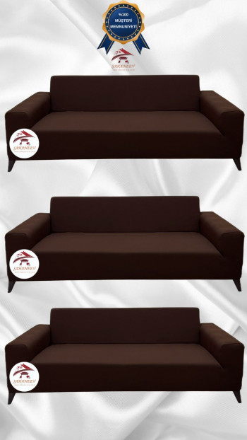 Mikro Kumaş Lastikli Giydirme Koltuk Örtüsü - Kaymaz Elastik Koltuk Koruyucu Kahverengi Renk 3+3+3 (3 Parça Set)