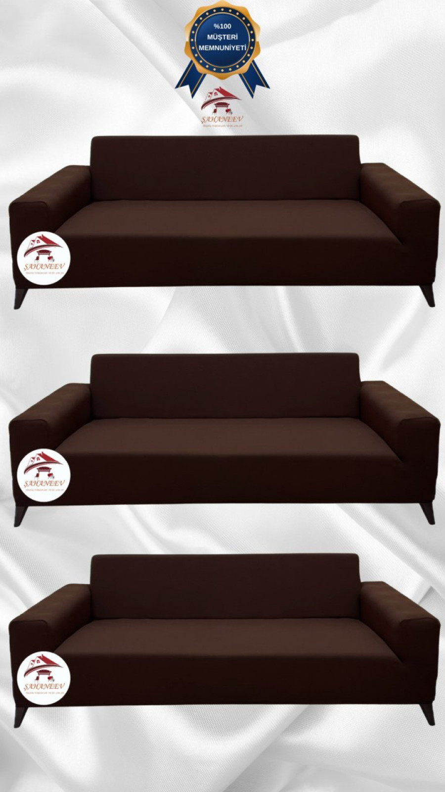 Mikro Kumaş Lastikli Giydirme Koltuk Örtüsü - Kaymaz Elastik Koltuk Koruyucu Kahverengi Renk 3+3+3 (3 Parça Set) Özel Ölçü