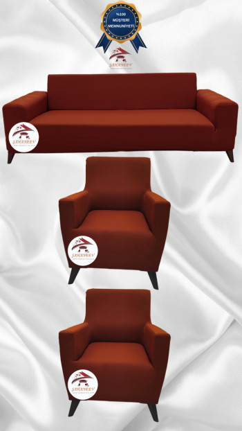 Mikro Kumaş Lastikli Giydirme Koltuk Örtüsü - Kaymaz Elastik Koltuk Koruyucu Kiremit Renk 3+1+1 (3 Parça Set)