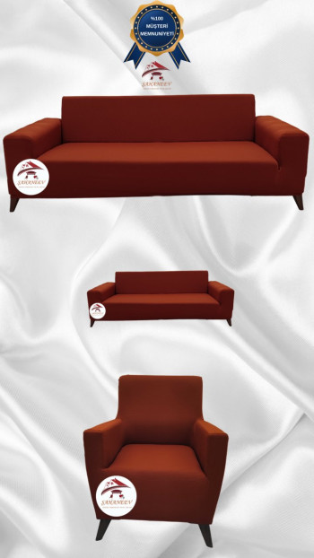 Mikro Kumaş Lastikli Giydirme Koltuk Örtüsü - Kaymaz Elastik Koltuk Koruyucu Kiremit Renk 3+2+1 (3 Parça Set)