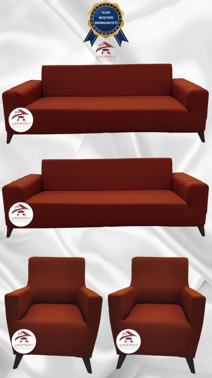 Mikro Kumaş Lastikli Giydirme Koltuk Örtüsü - Kaymaz Elastik Koltuk Koruyucu Kiremit Renk 3+3+1+1 (4 Parça Set)
