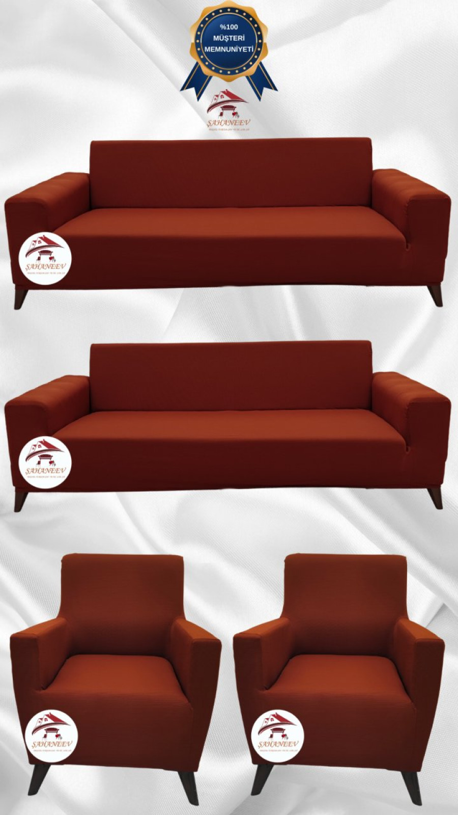 Mikro Kumaş Lastikli Giydirme Koltuk Örtüsü - Kaymaz Elastik Koltuk Koruyucu Kiremit Renk 3+3+1+1 (4 Parça Set)