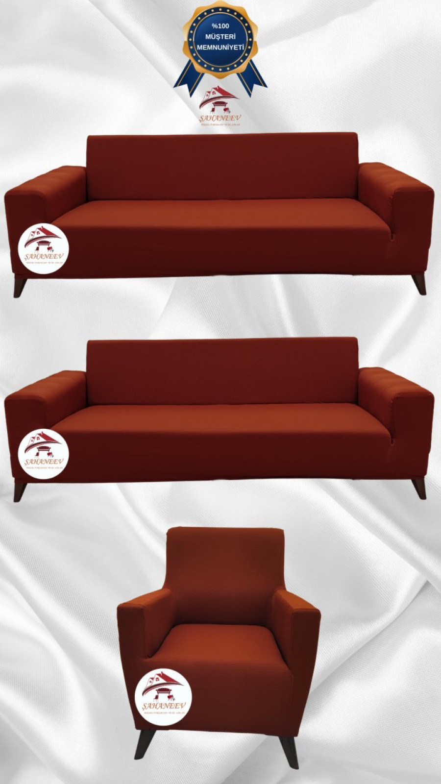 Mikro Kumaş Lastikli Giydirme Koltuk Örtüsü - Kaymaz Elastik Koltuk Koruyucu Kiremit Renk 3+3+1 (3 Parça Set)