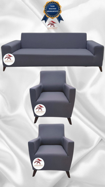 Mikro Kumaş Lastikli Giydirme Koltuk Örtüsü - Kaymaz Elastik Koltuk Koruyucu Koyu Gri Renk 3+1+1 (3 Parça Set)