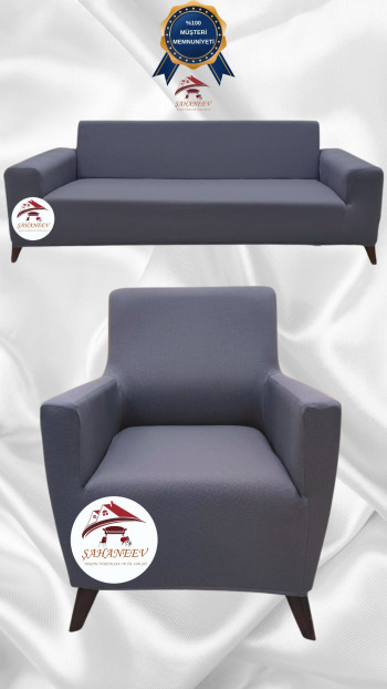 Mikro Kumaş Lastikli Giydirme Koltuk Örtüsü - Kaymaz Elastik Koltuk Koruyucu Koyu Gri Renk 3+1 (2 Parça Set)