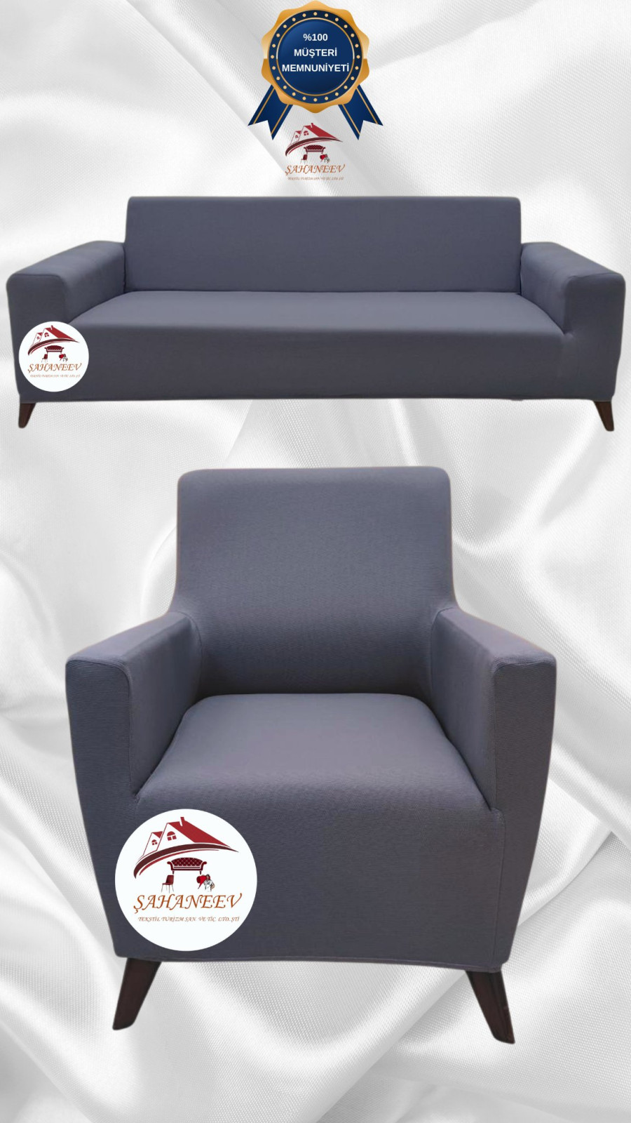 Mikro Kumaş Lastikli Giydirme Koltuk Örtüsü - Kaymaz Elastik Koltuk Koruyucu Koyu Gri Renk 3+1 (2 Parça Set)