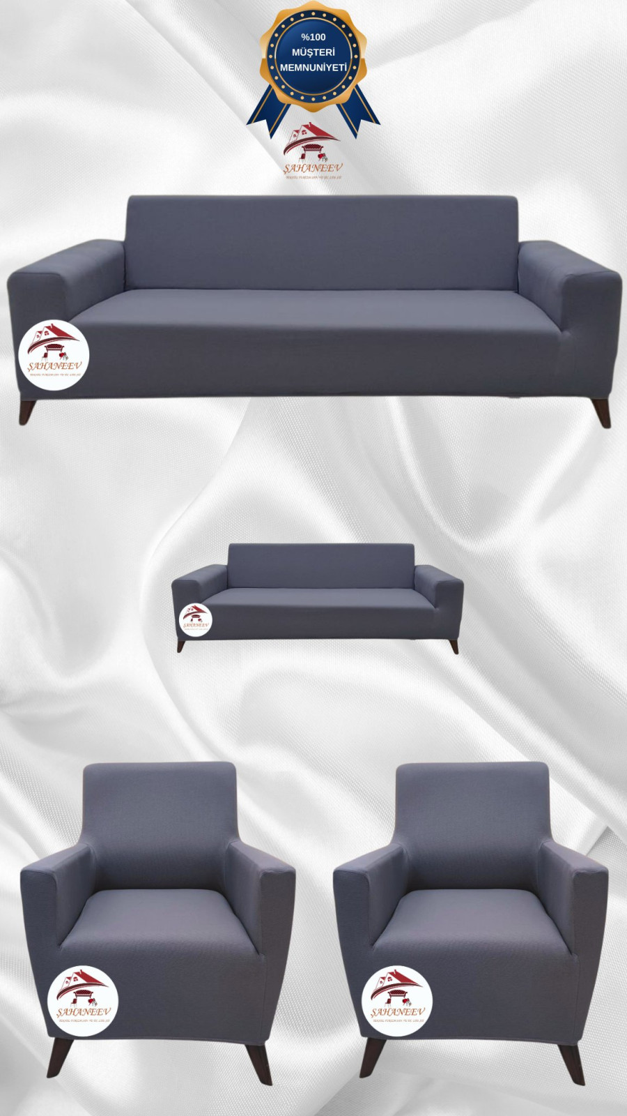 Mikro Kumaş Lastikli Giydirme Koltuk Örtüsü - Kaymaz Elastik Koltuk Koruyucu Koyu Gri Renk 3+2+1+1 (4 Parça Set)