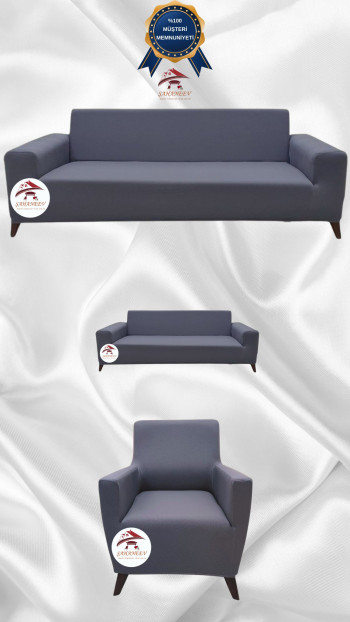 Mikro Kumaş Lastikli Giydirme Koltuk Örtüsü - Kaymaz Elastik Koltuk Koruyucu Koyu Gri Renk 3+2+1 (3 Parça Set)