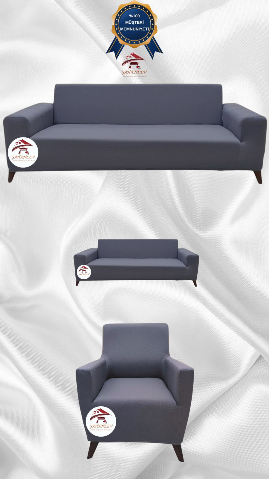 Mikro Kumaş Lastikli Giydirme Koltuk Örtüsü - Kaymaz Elastik Koltuk Koruyucu Koyu Gri Renk 3+2+1 (3 Parça Set)