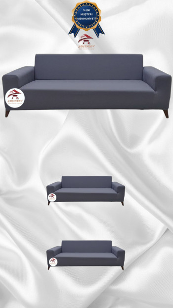 Mikro Kumaş Lastikli Giydirme Koltuk Örtüsü - Kaymaz Elastik Koltuk Koruyucu Koyu Gri Renk 3+2+2 (3 Parça Set)