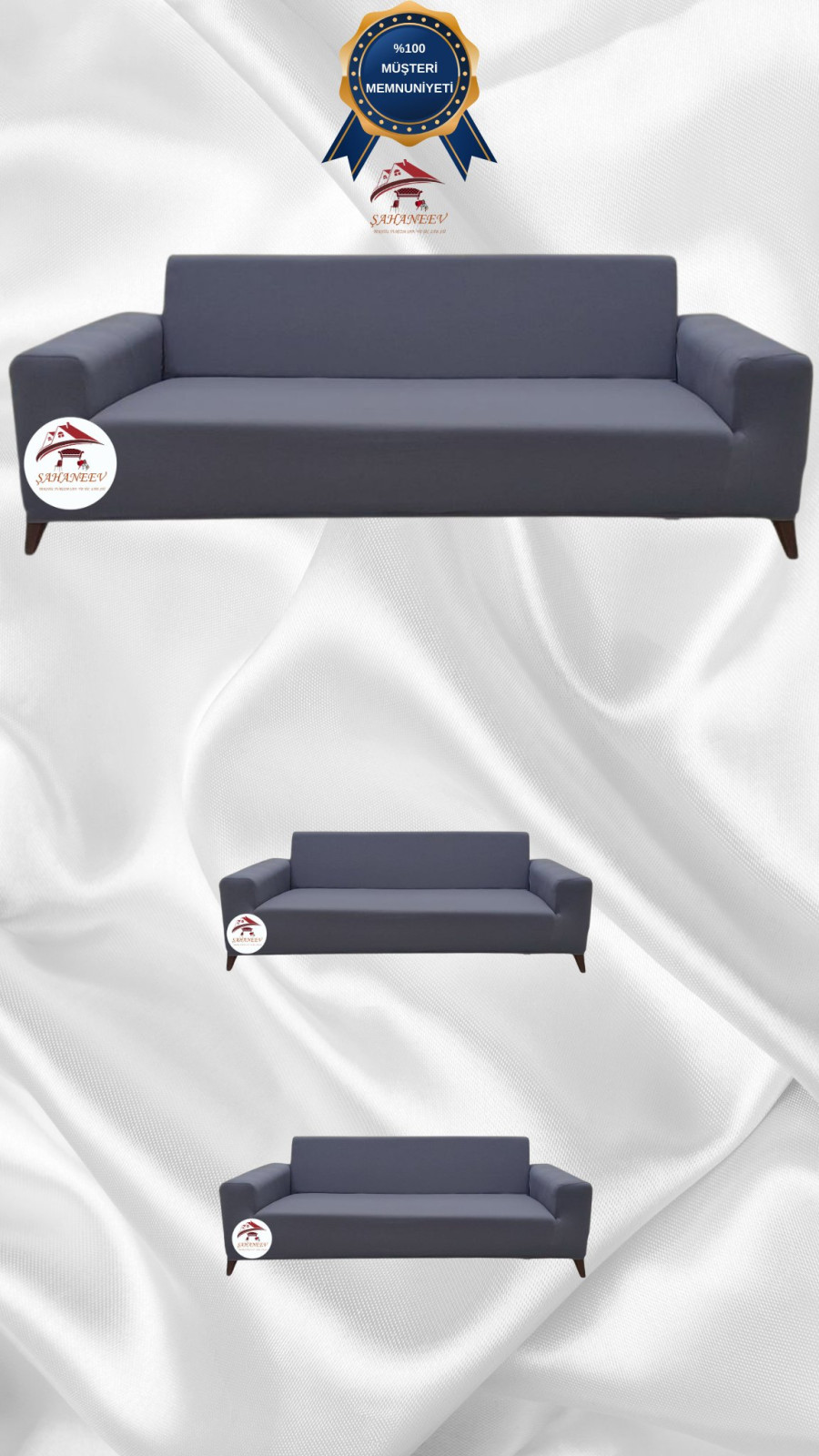 Mikro Kumaş Lastikli Giydirme Koltuk Örtüsü - Kaymaz Elastik Koltuk Koruyucu Koyu Gri Renk 3+2+2 (3 Parça Set)