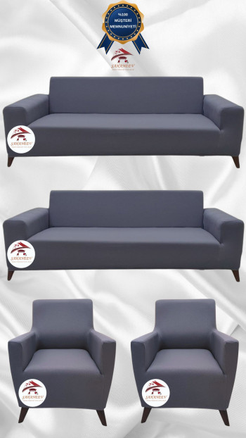 Mikro Kumaş Lastikli Giydirme Koltuk Örtüsü - Kaymaz Elastik Koltuk Koruyucu Koyu Gri Renk 3+3+1+1 (4 Parça Set)