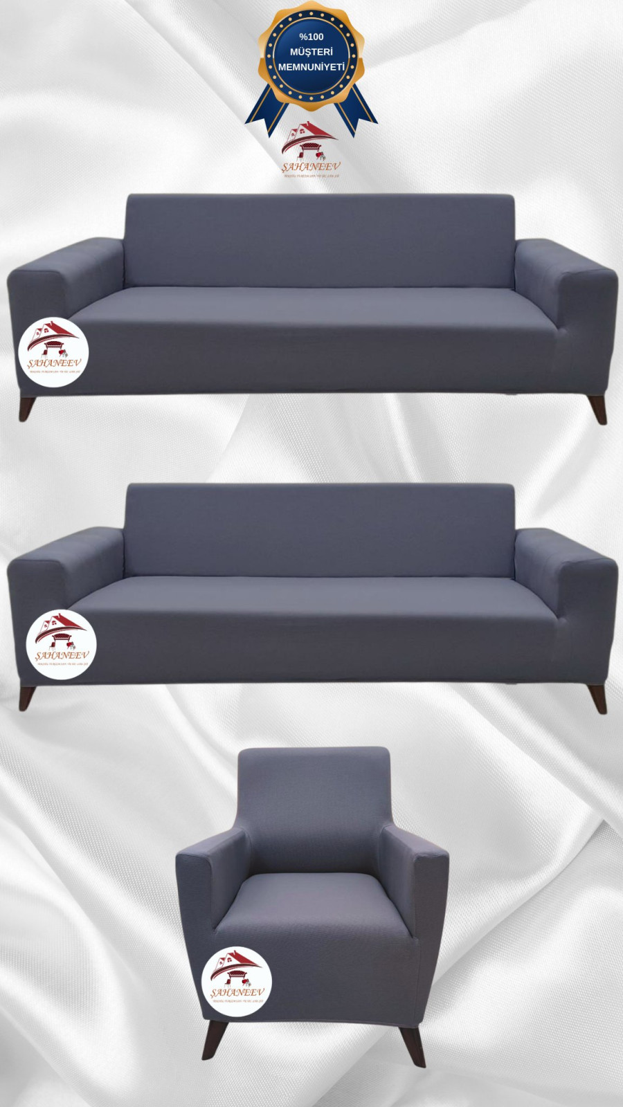 Mikro Kumaş Lastikli Giydirme Koltuk Örtüsü - Kaymaz Elastik Koltuk Koruyucu Koyu Gri Renk 3+3+1 (3 Parça Set)