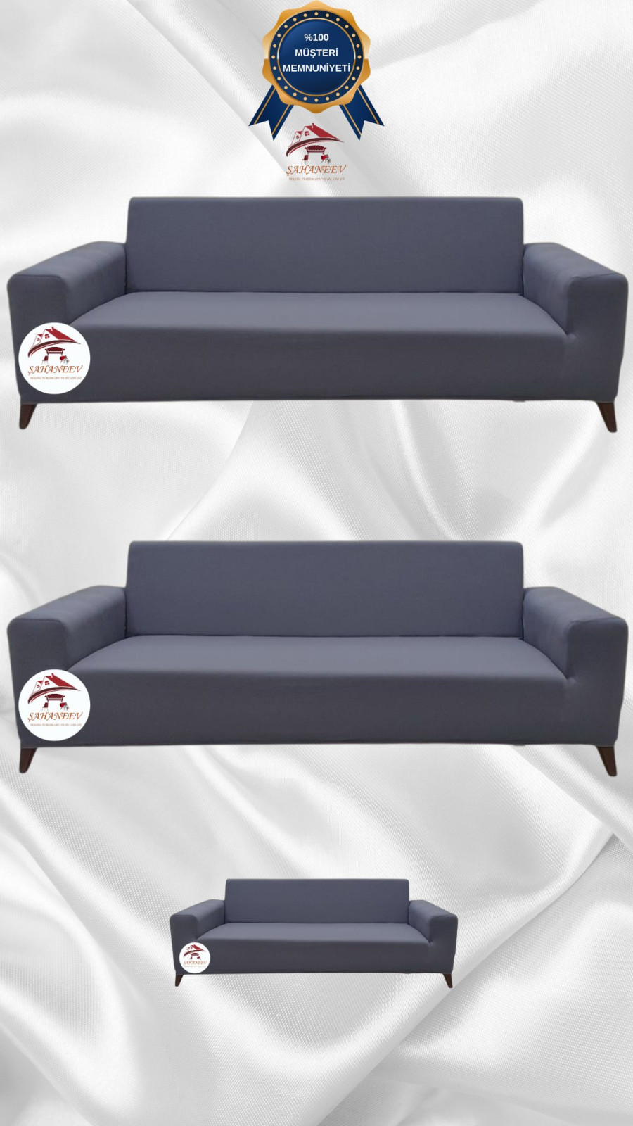 Mikro Kumaş Lastikli Giydirme Koltuk Örtüsü - Kaymaz Elastik Koltuk Koruyucu Koyu Gri Renk 3+3+2 (3 Parça Set)