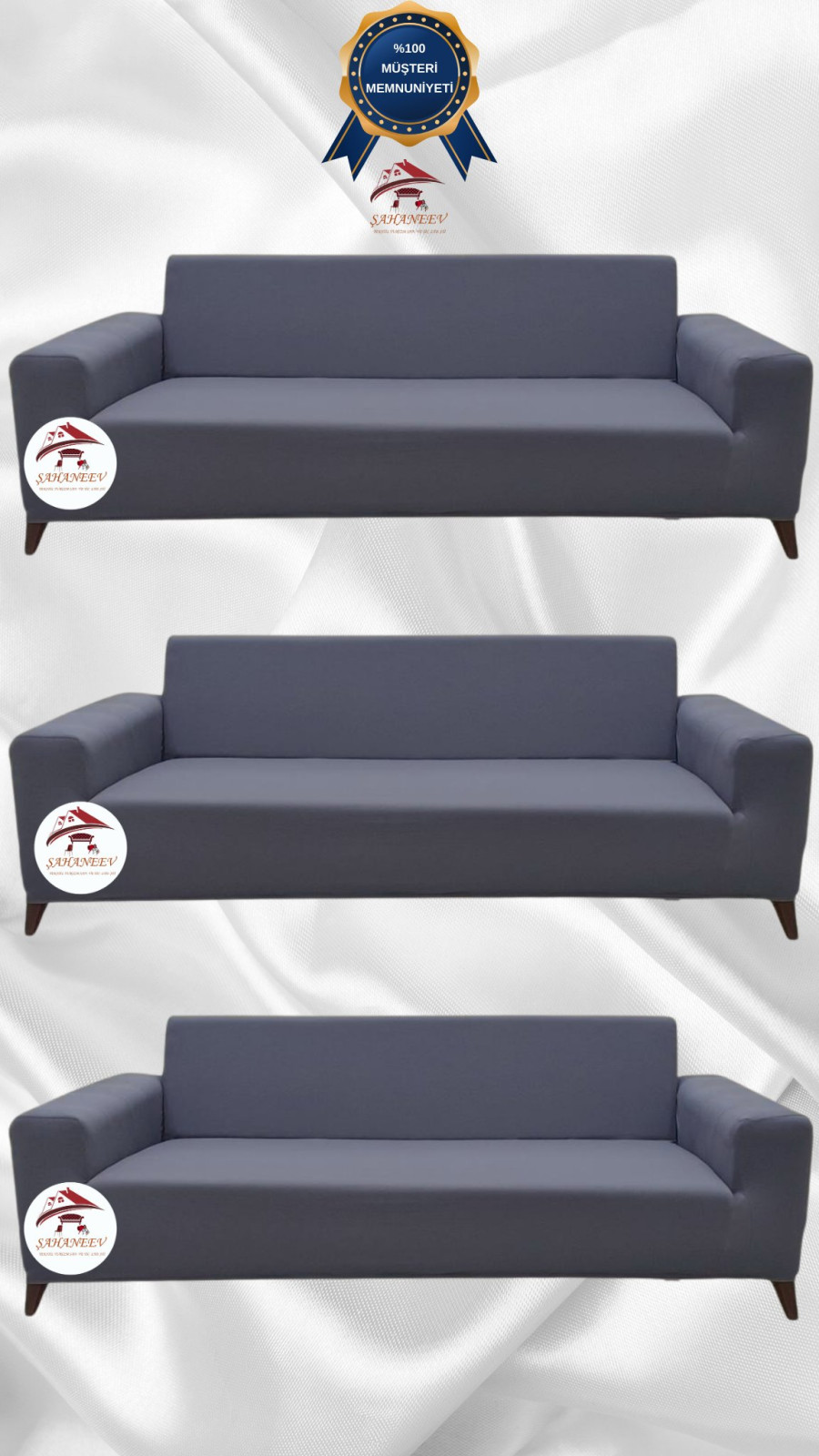 Mikro Kumaş Lastikli Giydirme Koltuk Örtüsü - Kaymaz Elastik Koltuk Koruyucu Koyu Gri Renk 3+3+3 (3 Parça Set)