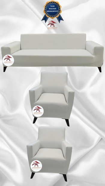 Mikro Kumaş Lastikli Giydirme Koltuk Örtüsü - Kaymaz Elastik Koltuk Koruyucu Krem Renk 3+1+1 (3 Parça Set)