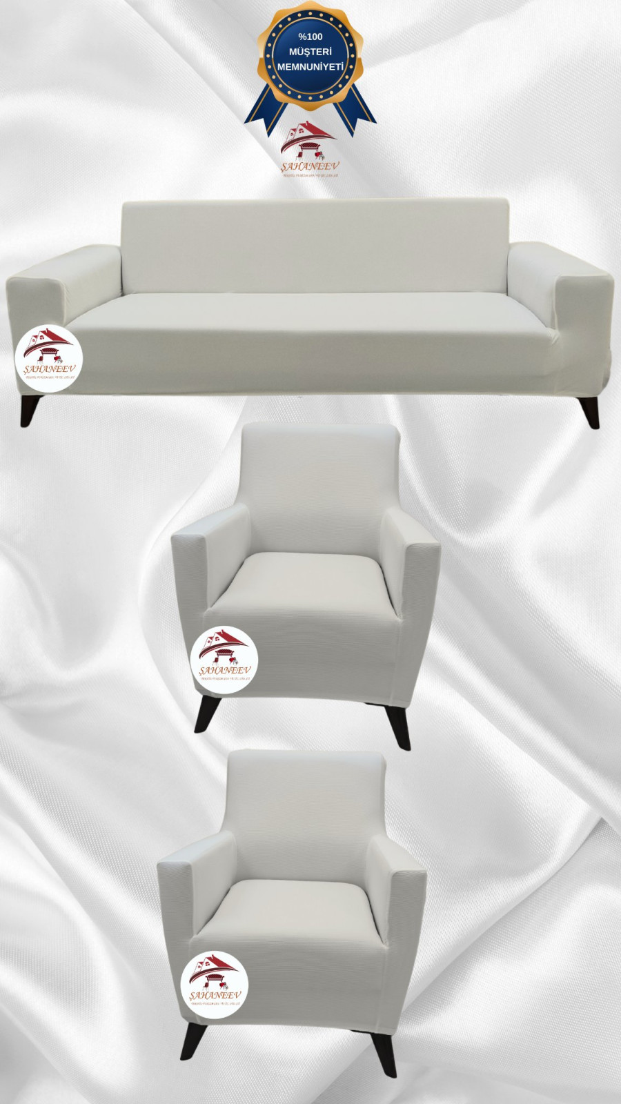 Mikro Kumaş Lastikli Giydirme Koltuk Örtüsü - Kaymaz Elastik Koltuk Koruyucu Krem Renk 3+1+1 (3 Parça Set)