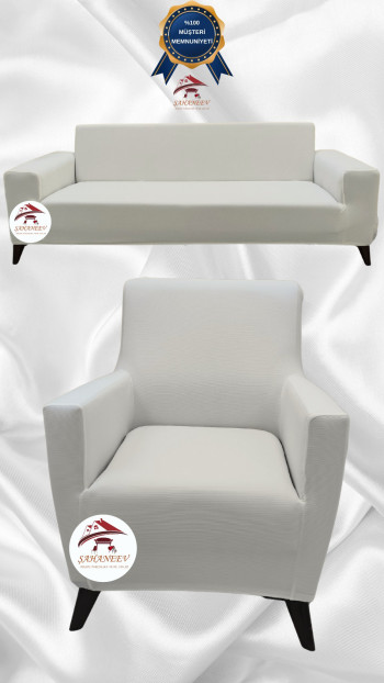 Mikro Kumaş Lastikli Giydirme Koltuk Örtüsü - Kaymaz Elastik Koltuk Koruyucu Krem Renk 3+1 (2 Parça Set)