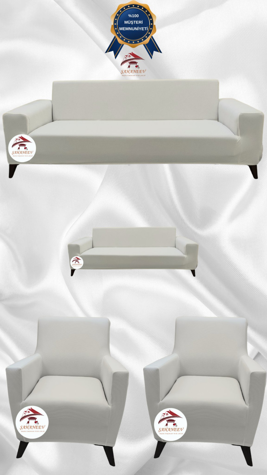 Mikro Kumaş Lastikli Giydirme Koltuk Örtüsü - Kaymaz Elastik Koltuk Koruyucu Krem Renk 3+2+1+1 (4 Parça Set)