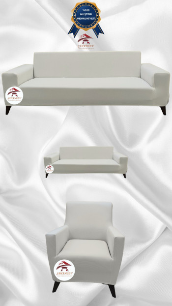 Mikro Kumaş Lastikli Giydirme Koltuk Örtüsü - Kaymaz Elastik Koltuk Koruyucu Krem Renk 3+2+1 (3 Parça Set)