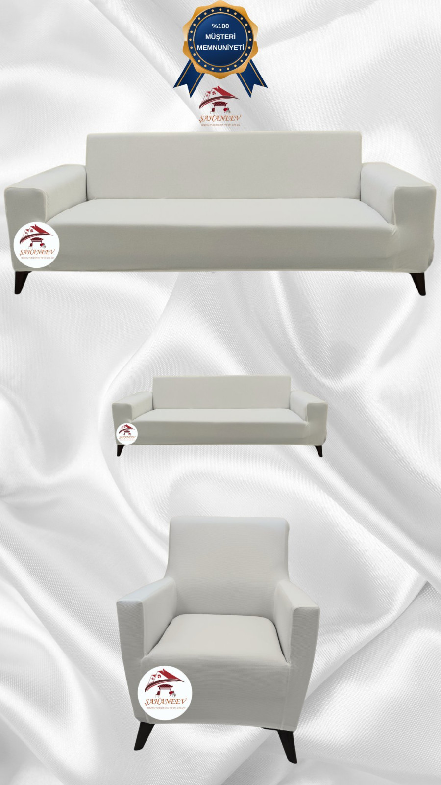 Mikro Kumaş Lastikli Giydirme Koltuk Örtüsü - Kaymaz Elastik Koltuk Koruyucu Krem Renk 3+2+1 (3 Parça Set)